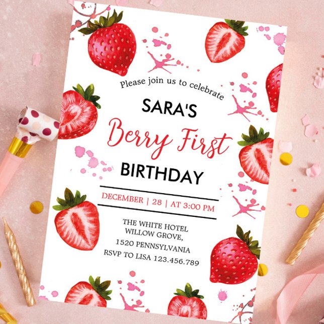 Invitation Fraise et fête blanche 1er anniversaire pour fille (Créateur téléchargé)