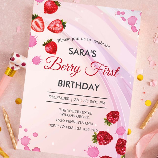 Invitation Fraise et framboise fête 1er anniversaire BabyGirl (Créateur téléchargé)
