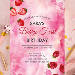 Invitation Fraise et framboise rose 1er anniversaire BabyGirl