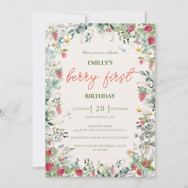 Invitation Fraise Fille Berry Premier anniversaire (Devant)