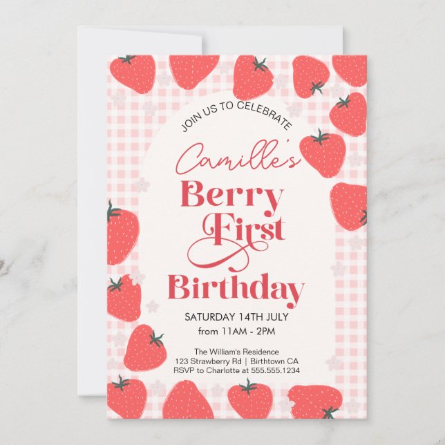 Invitation Fraise Fille Berry Première fête d'anniversaire (Devant)