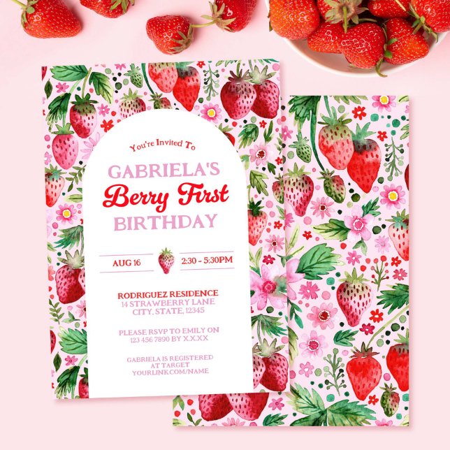 Invitation Fraise Girl Berry 1er anniversaire (Strawberry Girl Berry 1st Birthday Invitation)