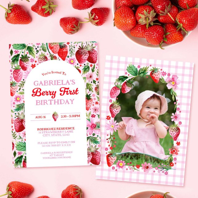 Invitation Fraise Girl Berry 1er Anniversaire photo rose (Strawberry Girl Berry 1st Birthday Photo Invitation)