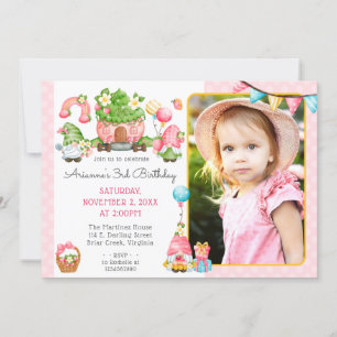 Invitation Fraise Gnome Garden Girl's Birthday Photo
