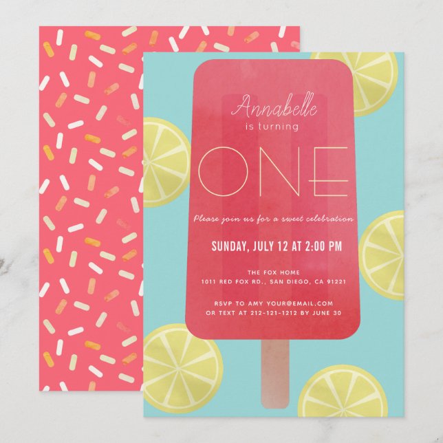 Invitation Fraise Lemonade Popsicle Girl 1er anniversaire (Devant / Derrière)