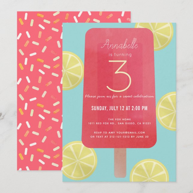 Invitation Fraise Lemonade Popsicle Girl Anniversaire (Devant / Derrière)