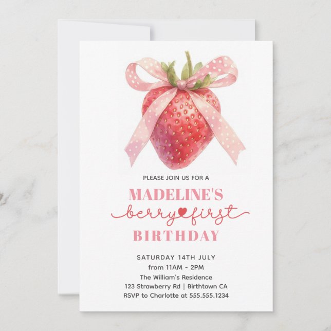 Invitation Fraise mignonne première Fille anniversaire (Devant)