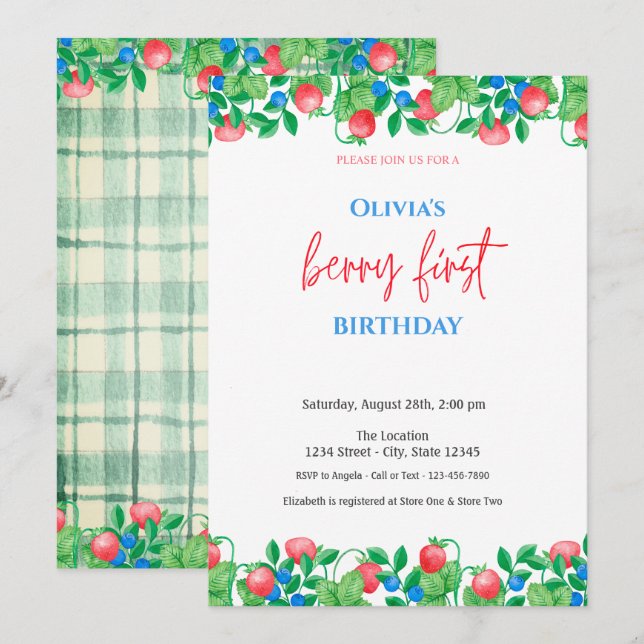 Invitation Fraise Myrtille  Carreau Vert 1er Anniversaire  (Devant / Derrière)