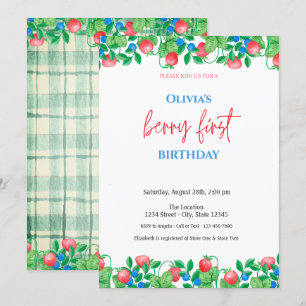 Invitation Fraise Myrtille  Carreau Vert 1er Anniversaire 