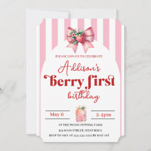 Invitation Fraise & Nœud  1er Anniversaire avec  Photo