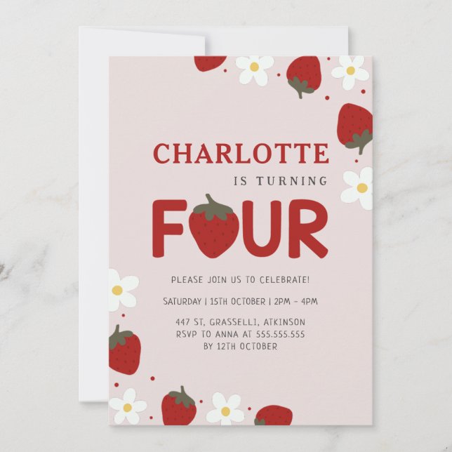 Invitation Fraise pâteuse gris clair 4e anniversaire d'été (Devant)