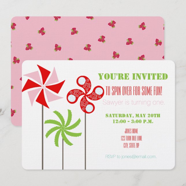 Invitation Fraise Pinwheel à thème Anniversaire - Pink Back (Devant / Derrière)