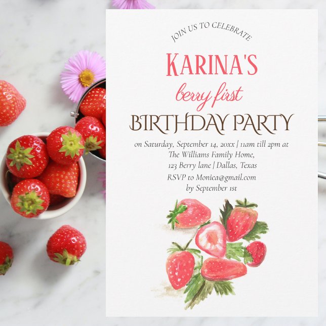 Invitation Fraise Premier anniversaire Fête Berry 1er (Créateur téléchargé)