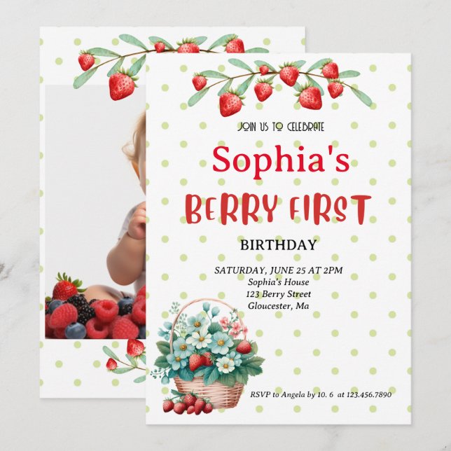 Invitation Fraise Premier anniversaire fête Berry 1ère photo  (Devant / Derrière)