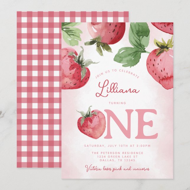 Invitation Fraise rose 1er anniversaire (Devant / Derrière)