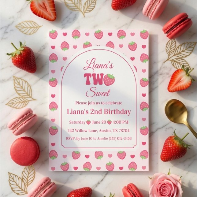 Invitation Fraise Rose 2ème Anniversaire Baie Deux Douce Fill (Créateur téléchargé)