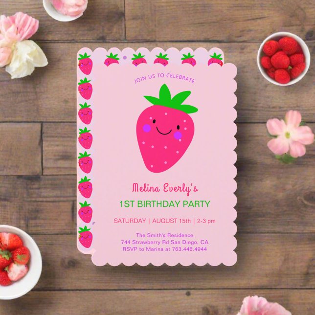 Invitation Fraise rose mignonne 1er anniversaire fête Baby Gi (Créateur téléchargé)