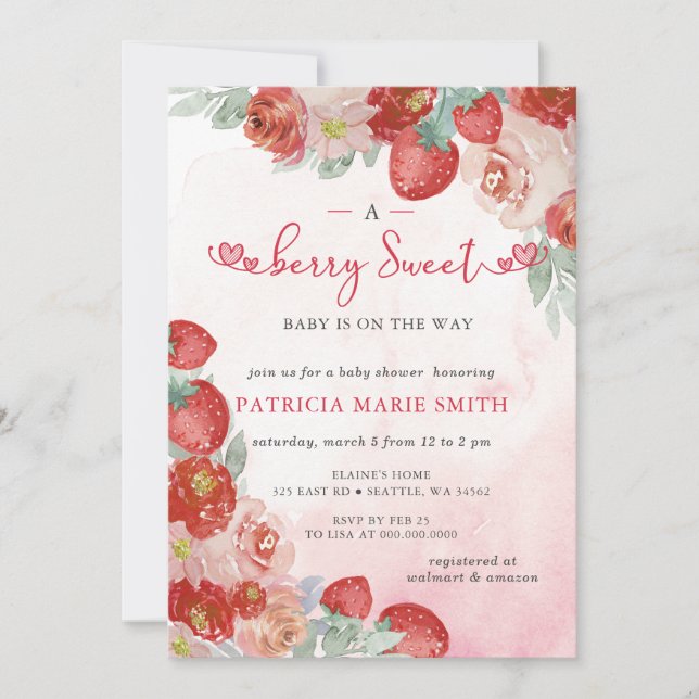 Invitation Fraise rose Rouge Berry Baby shower sucré (Devant)