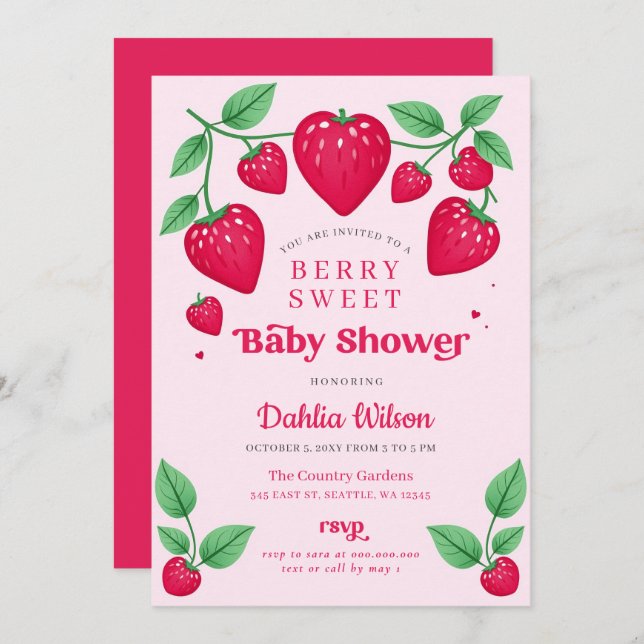 Invitation Fraise rose Rouge Berry Baby shower sucré (Devant / Derrière)