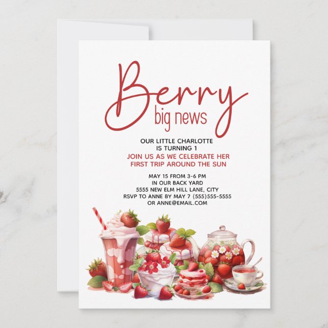 Invitation Fraise Rose Rouge Blanc 1er Anniversaire  (Devant)