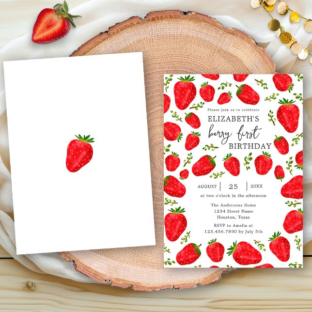 Invitation Fraise Rouge Élégante Berry Premier Anniversaire (Créateur téléchargé)