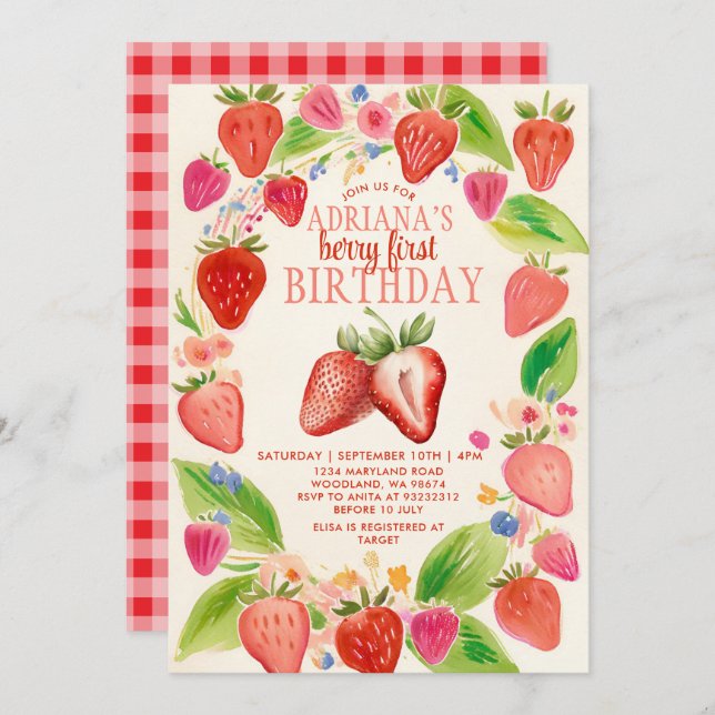 Invitation Fraise rouge En vichy Berry Sweet Anniversaire (Devant / Derrière)