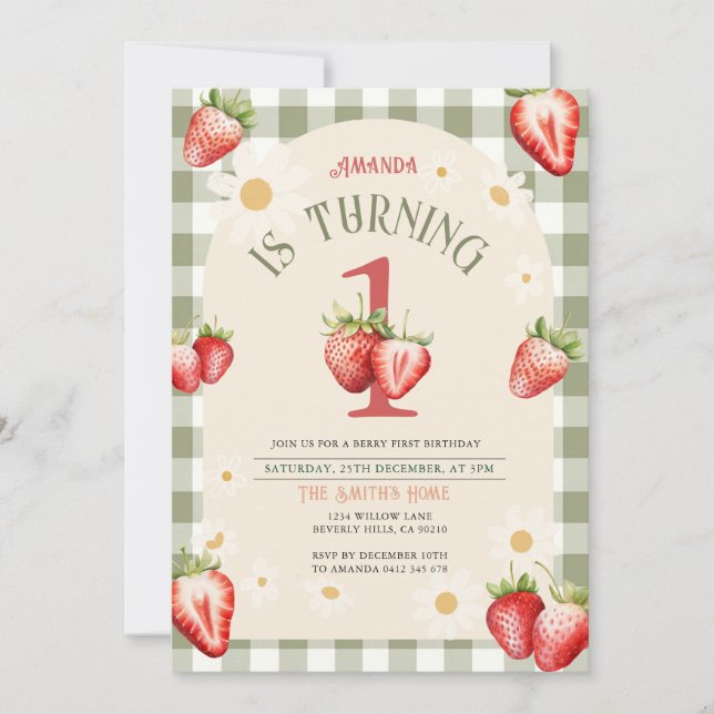 Invitation Fraise rouge et verte vintage Anniversaire (Devant)