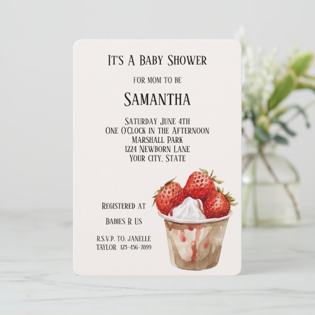 Invitation Fraise Sucrée Fêtes de Naissance Bébé (Debout devant)
