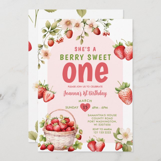 Invitation Fraise Sweet One Berry 1er Anniversaire (Devant / Derrière)