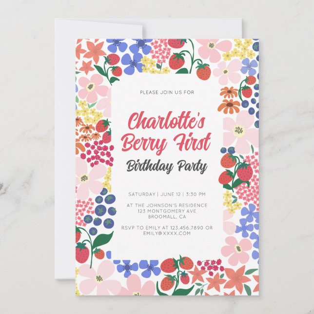 Invitation Fraise vive et gras Premier anniversaire modifiabl (Devant)