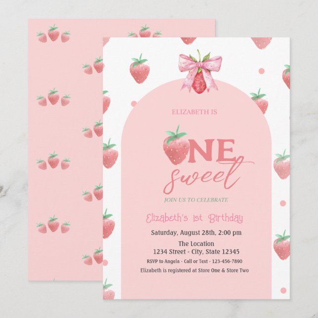 Invitation Fraises à l'aquarelle Arc Deux Douce Premier Anniv (Devant / Derrière)