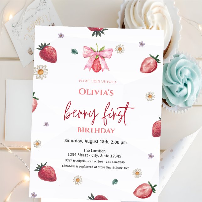 Invitation Fraises à l'aquarelle avec un nœud rose pour un 1e (Créateur téléchargé)