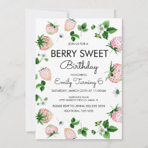 Invitation Fraises à l'aquarelle Fête d'anniversaire Blanc Ro
