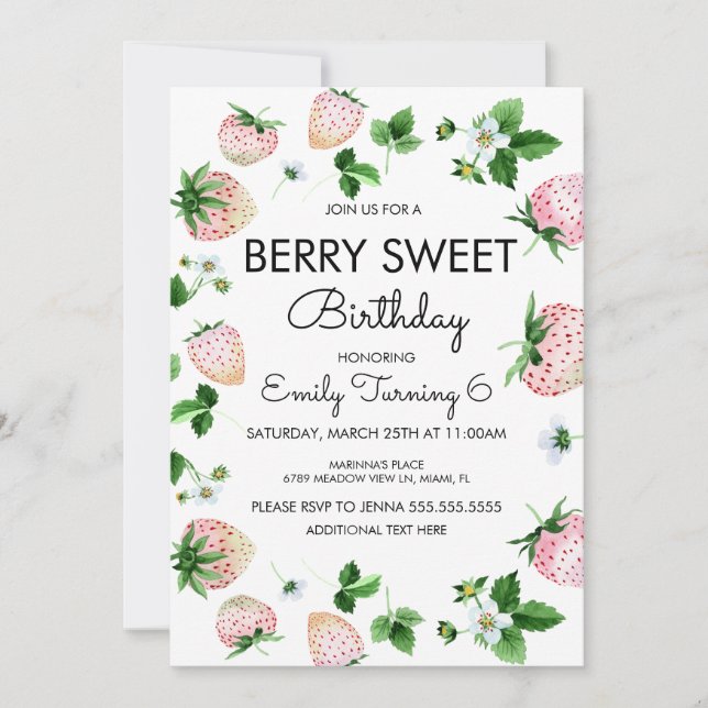 Invitation Fraises à l'aquarelle Fête d'anniversaire Blanc Ro (Devant)