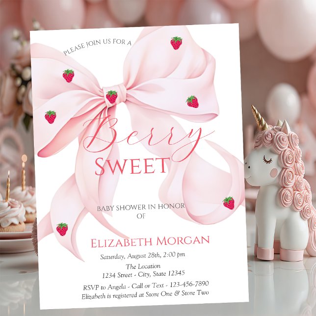 Invitation Fraises Arc Rose Fête de Naissance Bébé Fille Rose (Créateur téléchargé)