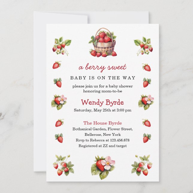 Invitation Fraises Baby shower doux Berry moderne (Devant)