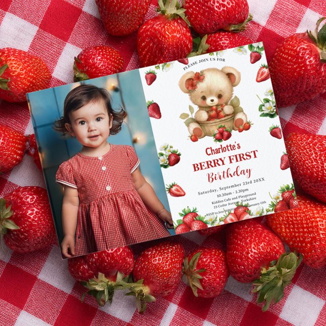 Invitation Fraises Bear Berry 1er anniversaire Photo (Créateur téléchargé)
