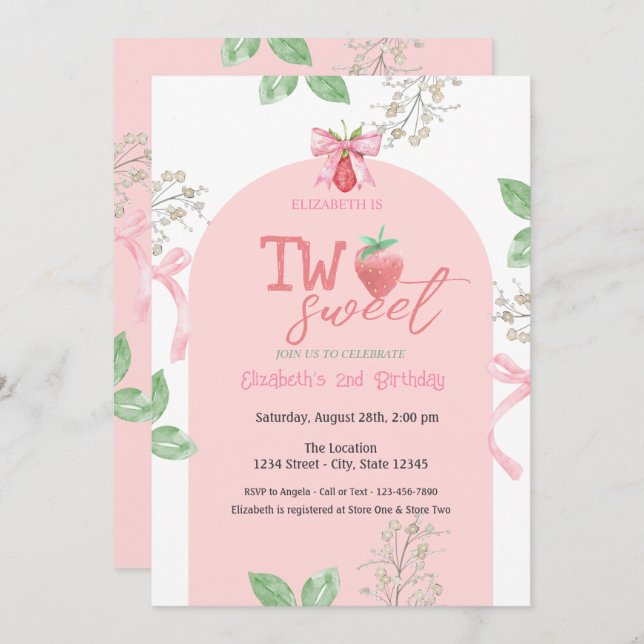 Invitation Fraises Bow rose deux doux 2e anniversaire (Devant / Derrière)