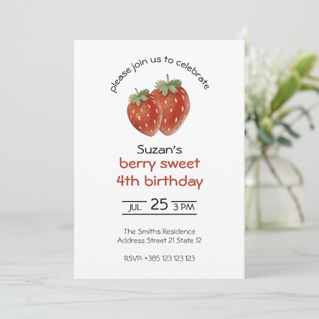 Invitation Fraises d'aquarelle Fête d'anniversaire de l'enfan (Debout devant)