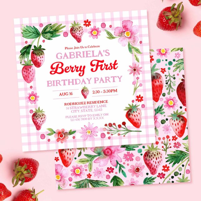 Invitation Fraises d'aquarelle Fille 1er anniversaire (Watercolor Strawberries Girl 1st Birthday Invitation)