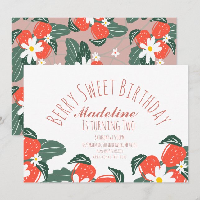 Invitation Fraises Dessinées à la Main Botanique Anniversaire (Devant / Derrière)