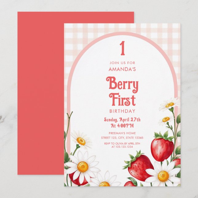 Invitation Fraises En vichy rose douce Faisée 1er anniversair (Devant / Derrière)