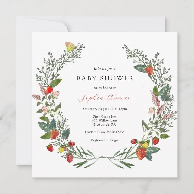 Invitation Fraises et Baby shower Fleur sauvage (Devant)