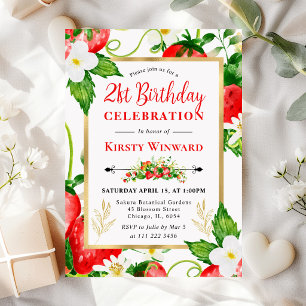 Invitation Fraises et Fleurs à l'aquarelle 21e Anniversaire