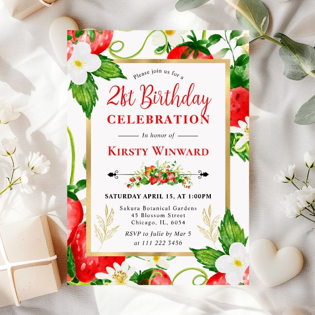 Invitation Fraises et Fleurs à l'aquarelle 21e Anniversaire (Créateur téléchargé)