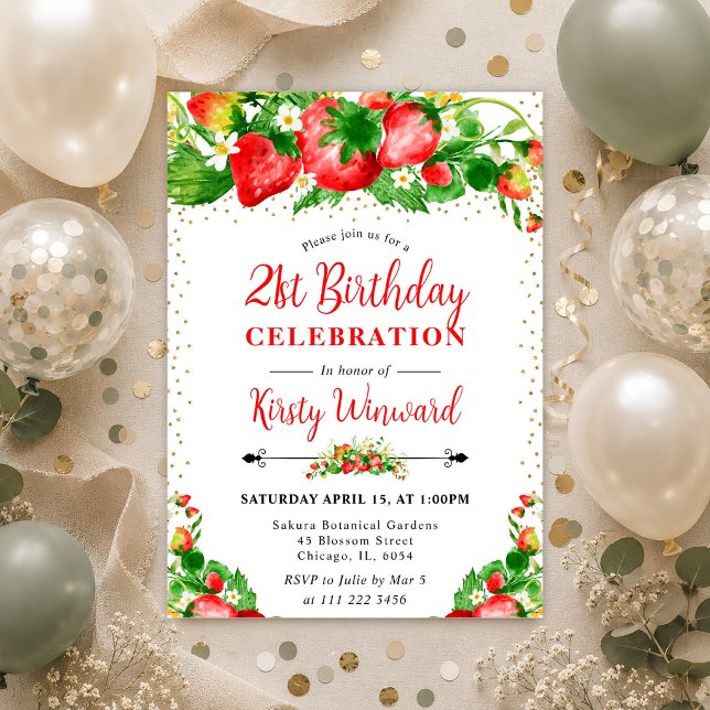 Invitation Fraises et fleurs aquarelle 21e anniversaire (Créateur téléchargé)
