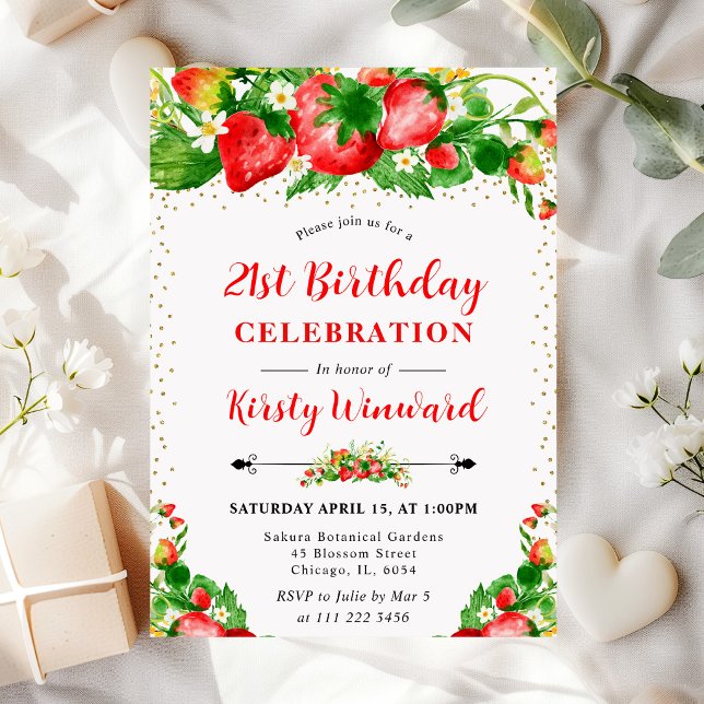 Invitation Fraises et Fleurs & Photo 21e anniversaire (Créateur téléchargé)