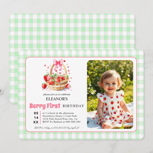 Invitation Fraises et vichy Premier anniversaire de Berry pho (Devant / Derrière)