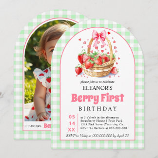 Invitation Fraises gingham vert Premier anniversaire de Berry