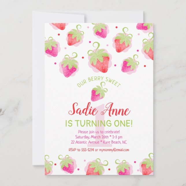 Invitation Fraises mignonnes Berry Sweet Rouge & Rose Anniver (Devant)